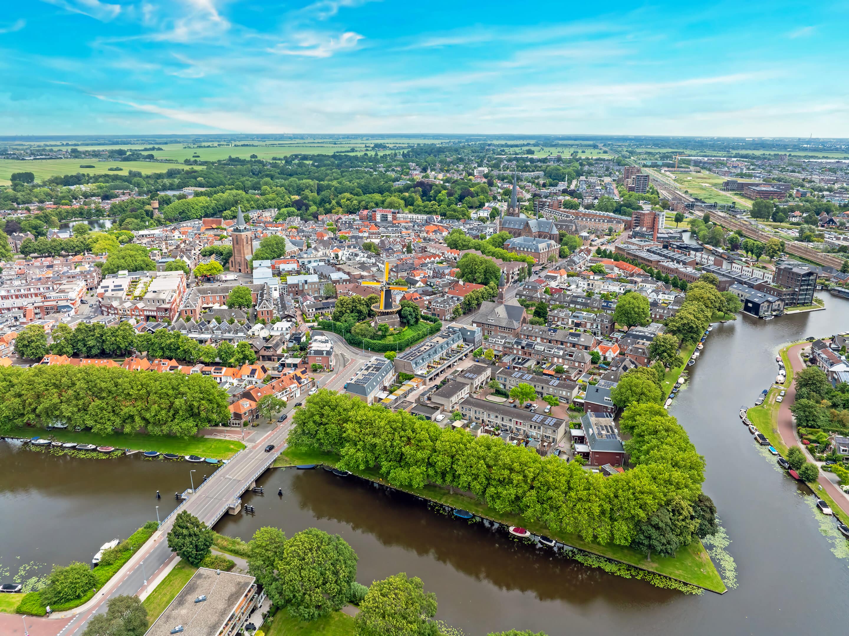 Aerial from the historical city Woerden in the Netherlands geschiedenis Bussum