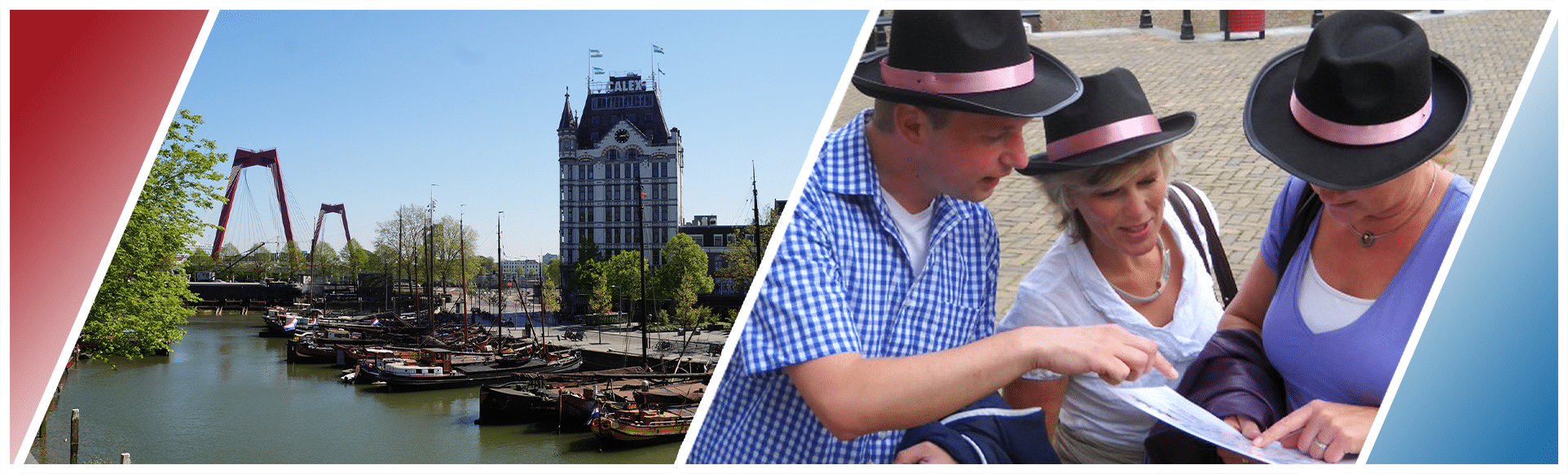 Collage van Rotterdam met de historische Witte Huis en Willemsbrug aan de Oude Haven, en een groep mensen met hoeden die samen een personeelsuitje doen in het centrum.